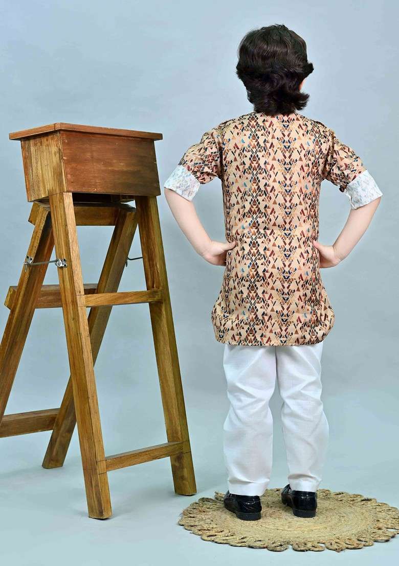 Khaki Printed Blended Kurta Set For Boys - Indya