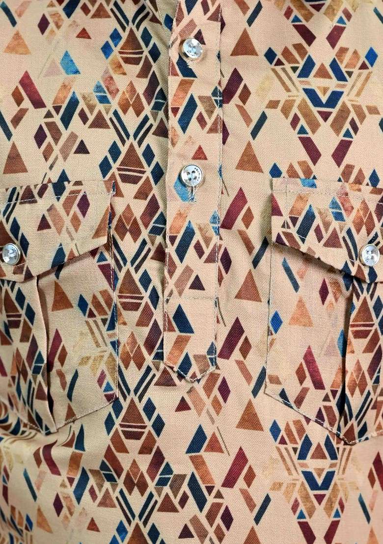 Khaki Printed Blended Kurta Set For Boys - Indya