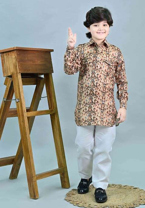 Khaki Printed Blended Kurta Set For Boys