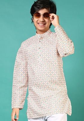 Orange Printed Cotton Kurta Set For Boys