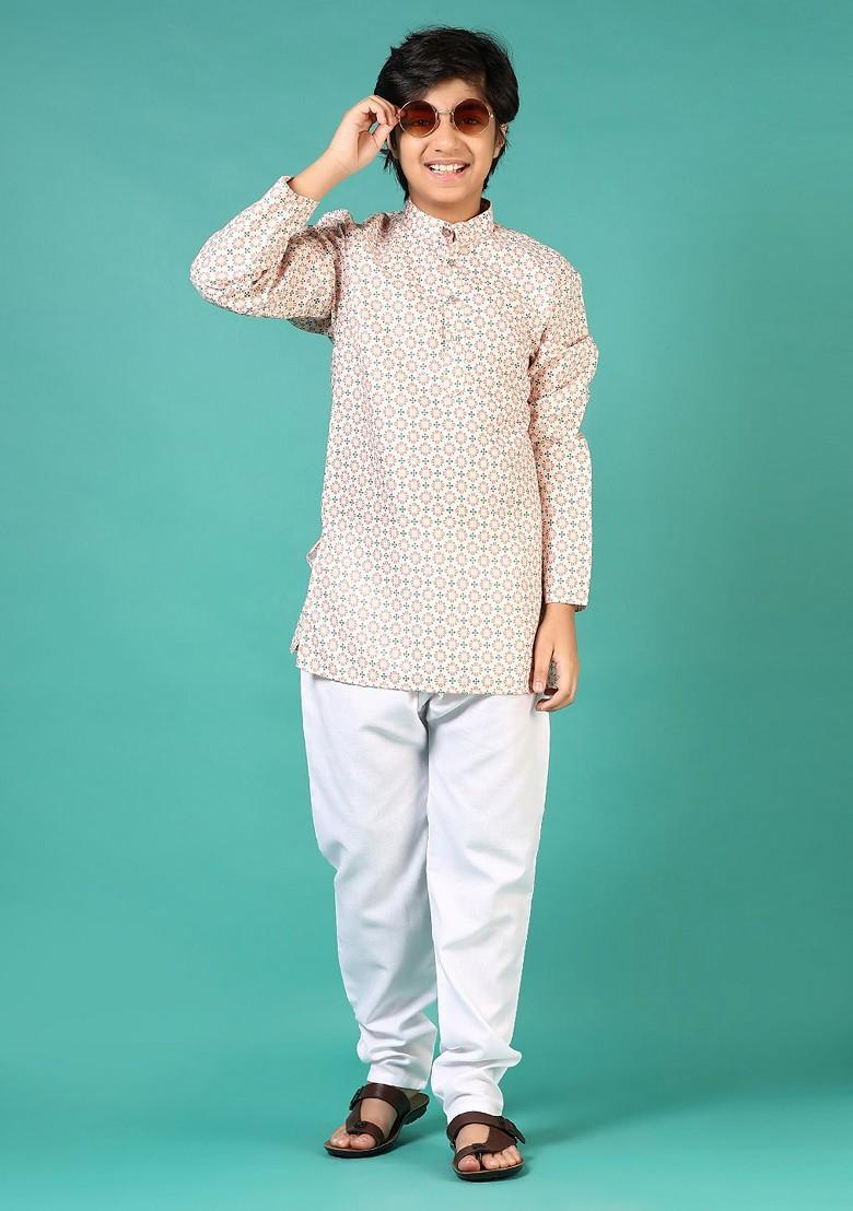 Orange Printed Cotton Kurta Set For Boys - Indya