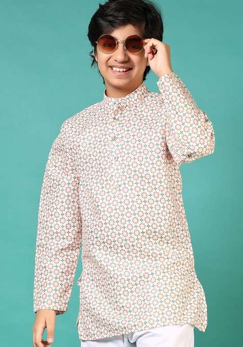 Orange Printed Cotton Kurta Set For Boys