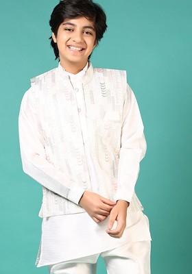 White Embroidered Cotton Kurta Set For Boys