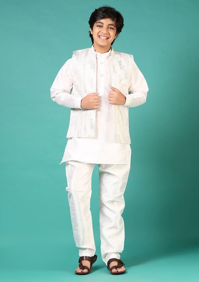 White Embroidered Cotton Kurta Set For Boys - Indya