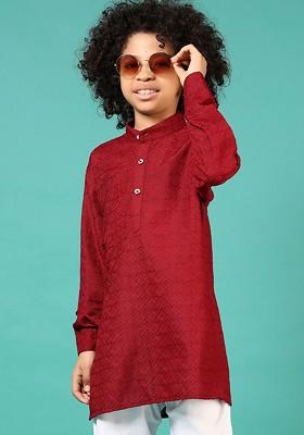 Maroon Embroidered Blended Kurta Set For Boys