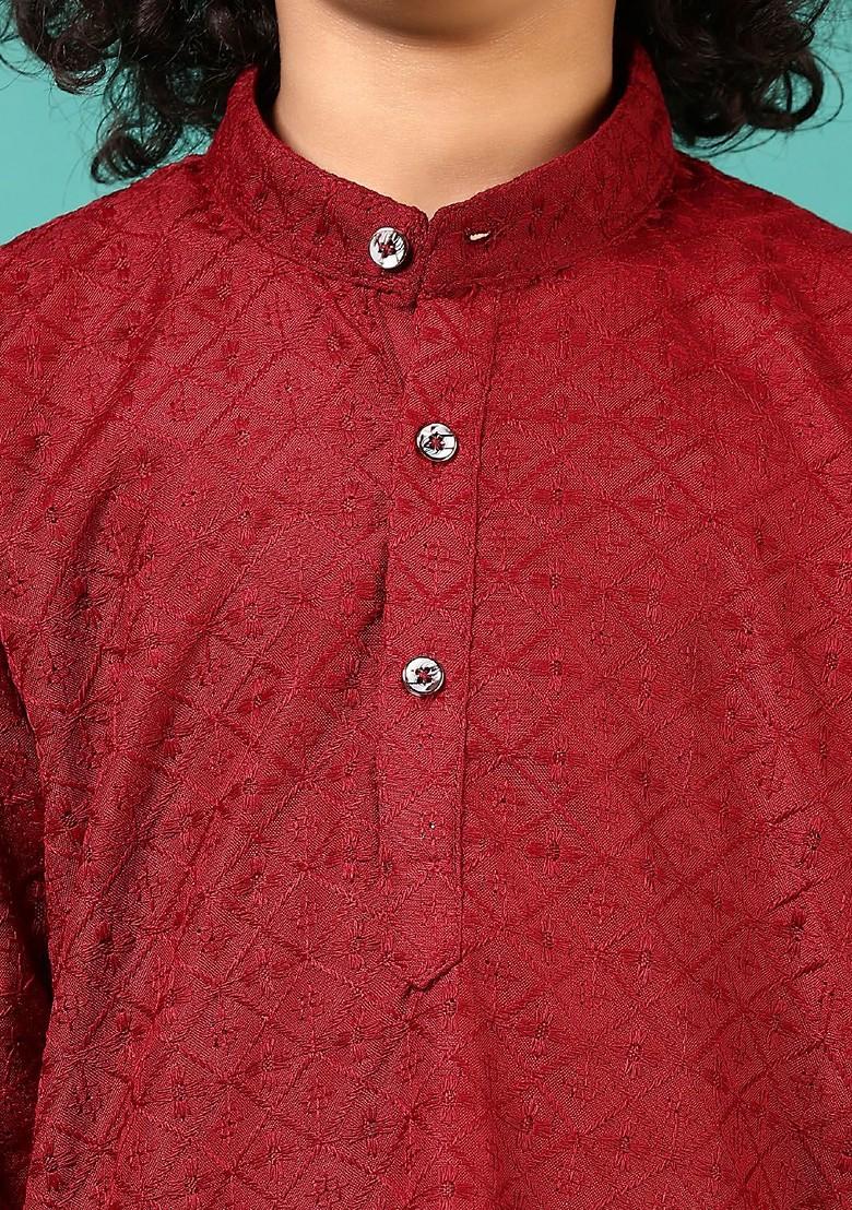 Maroon Embroidered Blended Kurta Set For Boys - Indya