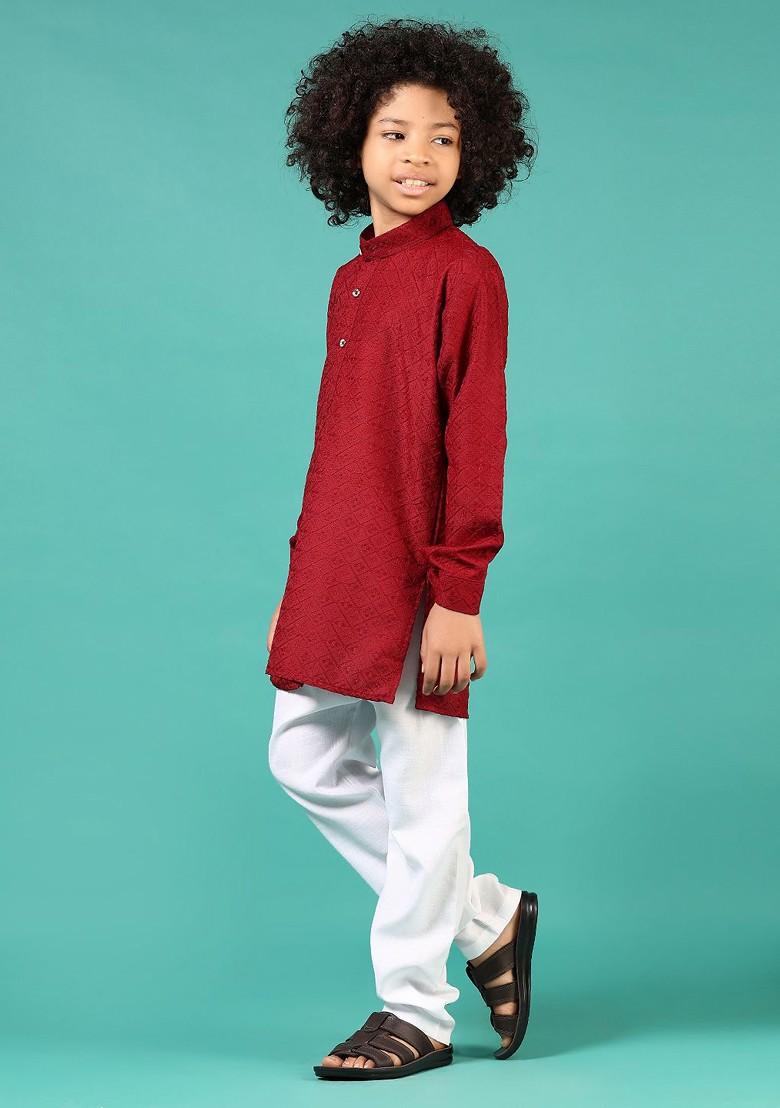 Maroon Embroidered Blended Kurta Set For Boys - Indya
