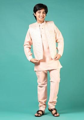 Pink Embroidered Cotton Kurta Set For Boys