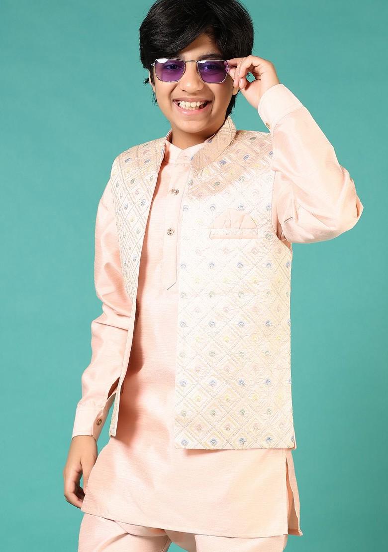 Pink Embroidered Cotton Kurta Set For Boys - Indya