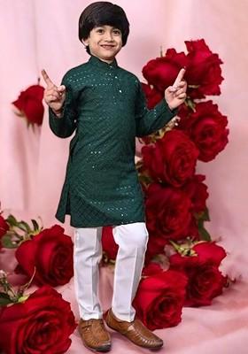 Green Embroidered Cotton Kurta Set For Boys