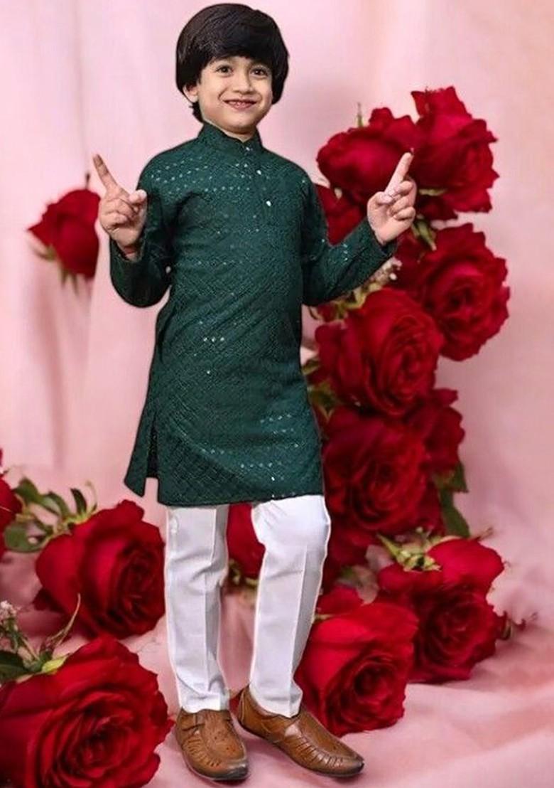 Green Embroidered Cotton Kurta Set For Boys - Indya
