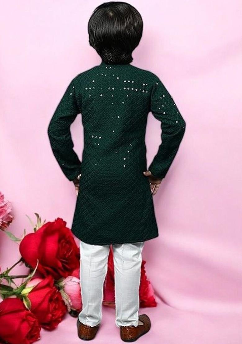 Green Embroidered Cotton Kurta Set For Boys - Indya