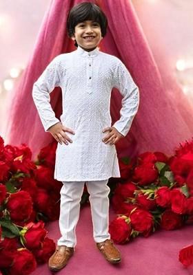 White Embroidered Cotton Kurta Set For Boys
