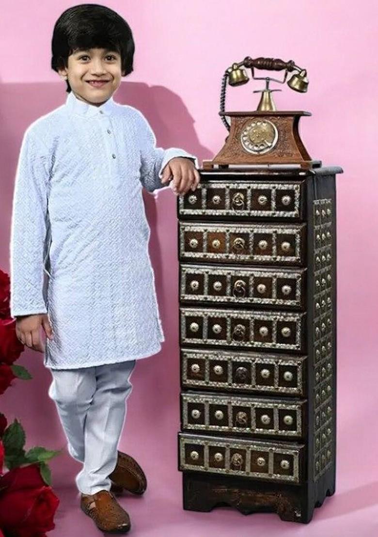 White Embroidered Cotton Kurta Set For Boys - Indya