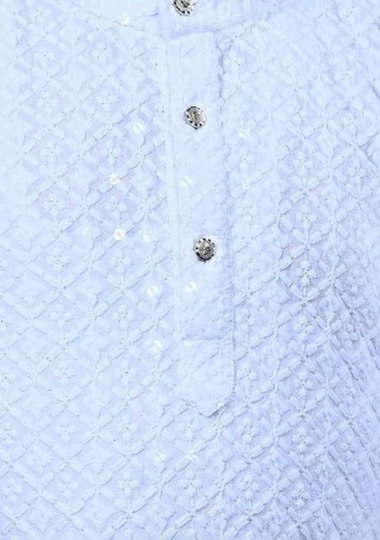 White Embroidered Cotton Kurta Set For Boys - Indya