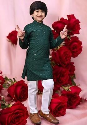 Green Embroidered Cotton Kurta Set For Boys