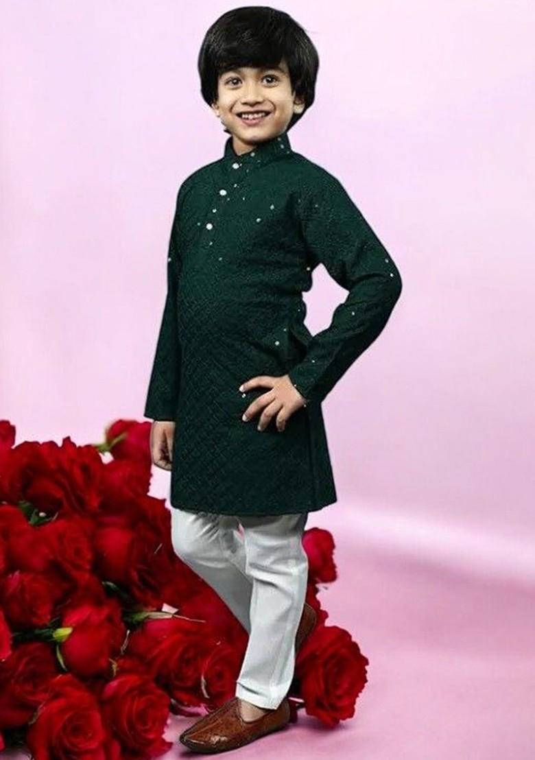Green Embroidered Cotton Kurta Set For Boys - Indya