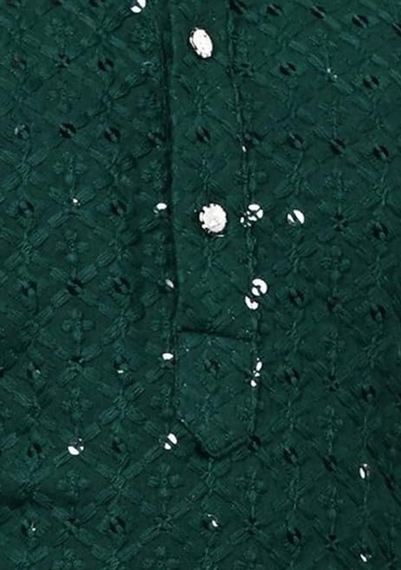 Green Embroidered Cotton Kurta Set For Boys - Indya