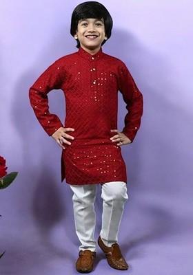 Maroon Embroidered Cotton Kurta Set For Boys