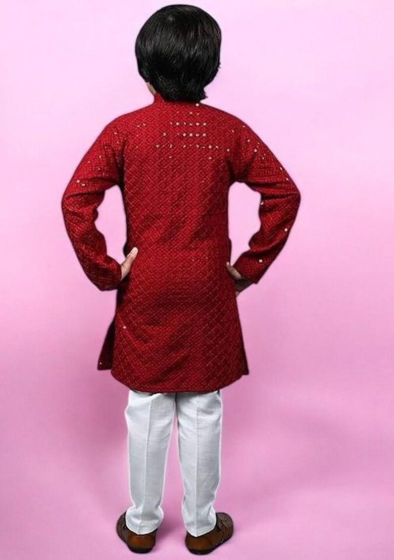 Maroon Embroidered Cotton Kurta Set For Boys - Indya