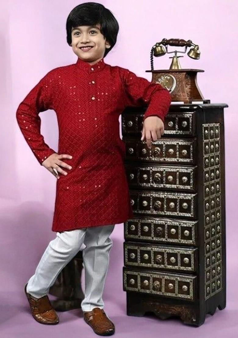Maroon Embroidered Cotton Kurta Set For Boys - Indya