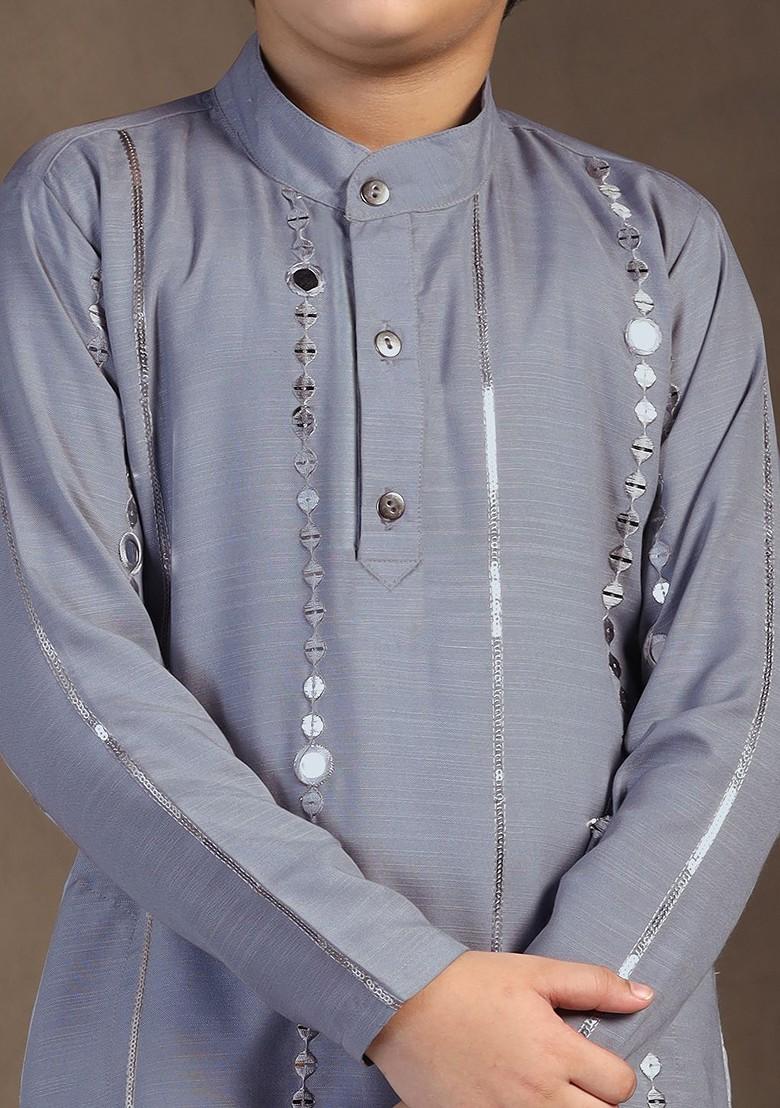 Grey Embroidered Blended Kurta Set For Boys - Indya