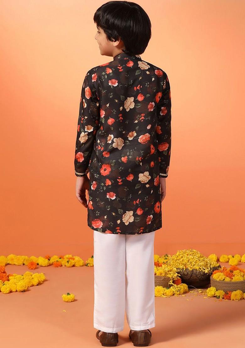 Black Printed Blended Kurta Set For Boys - Indya