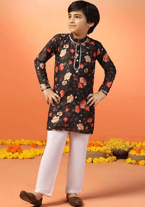 Black Printed Blended Kurta Set For Boys