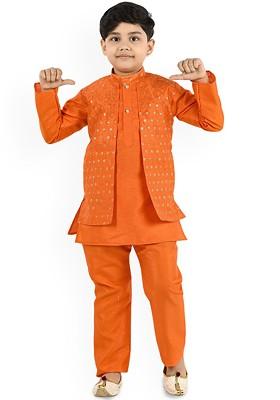 Orange Embroidered Blended Kurta Set For Boys