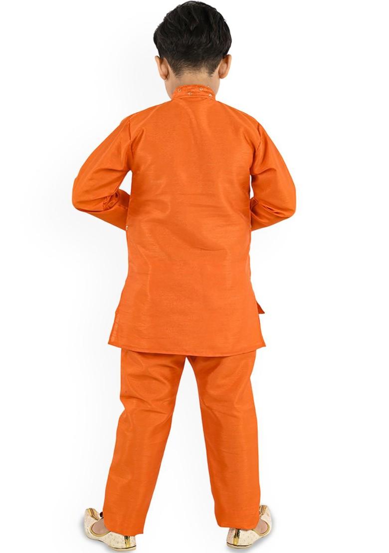 Orange Embroidered Blended Kurta Set For Boys - Indya