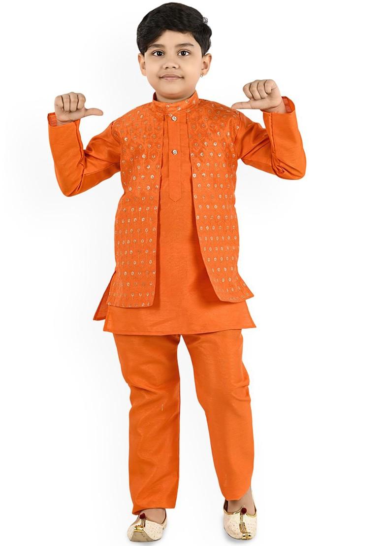 Orange Embroidered Blended Kurta Set For Boys - Indya
