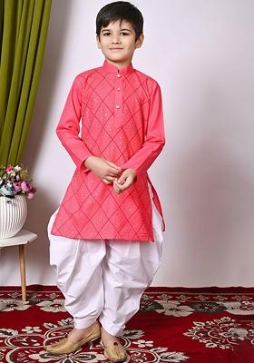 Orange Embroidered Blended Kurta Dhoti Set For Boys