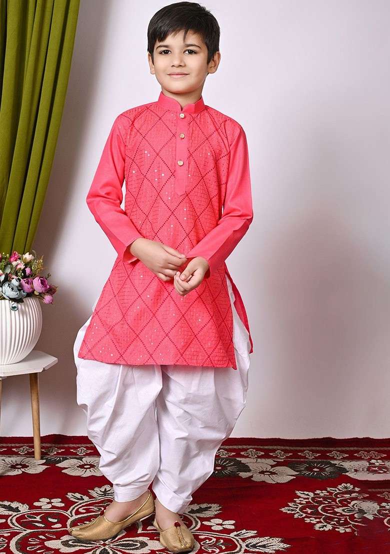 Orange Embroidered Blended Kurta Dhoti Set For Boys - Indya
