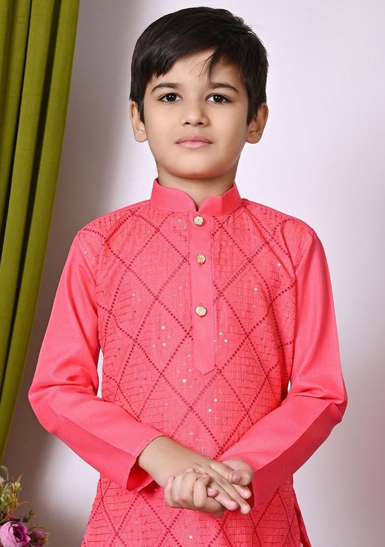 Orange Embroidered Blended Kurta Dhoti Set For Boys - Indya