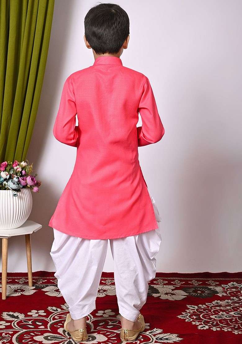 Orange Embroidered Blended Kurta Dhoti Set For Boys - Indya
