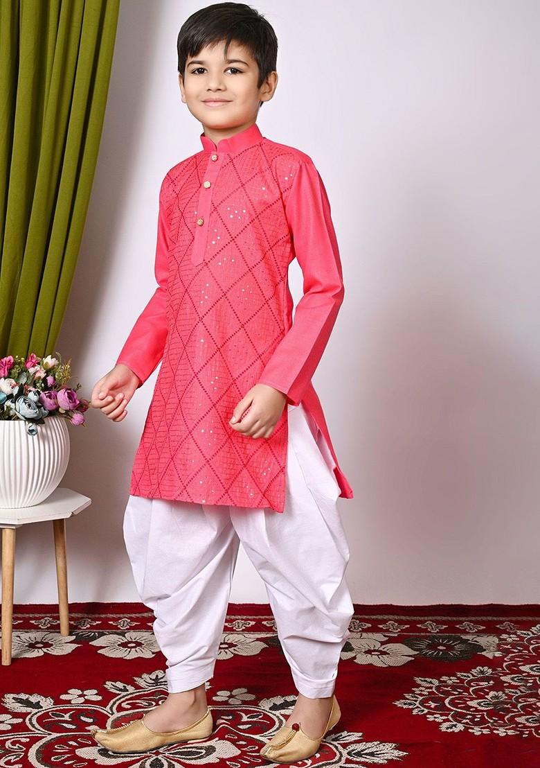 Orange Embroidered Blended Kurta Dhoti Set For Boys - Indya