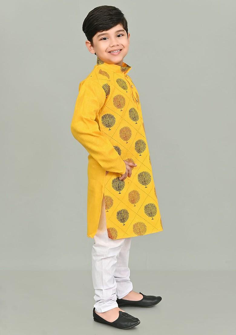 Yellow Printed Blended Kurta Set For Boys - Indya