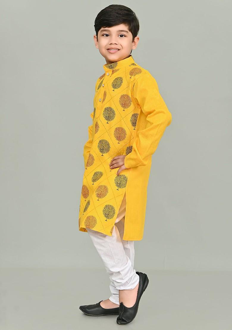 Yellow Printed Blended Kurta Set For Boys - Indya