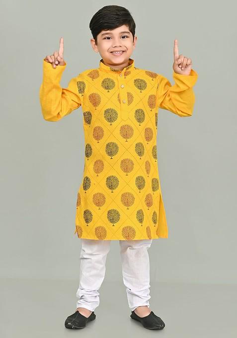 Yellow Printed Blended Kurta Set For Boys — view on Indya