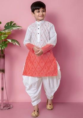 Orange Embroidered Cotton Kurta Set For Boys