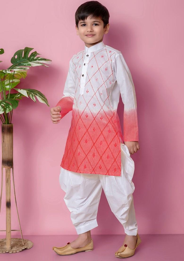 Orange Embroidered Cotton Kurta Set For Boys - Indya