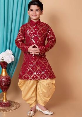 Maroon Embroidered Silk Kurta Set For Boys