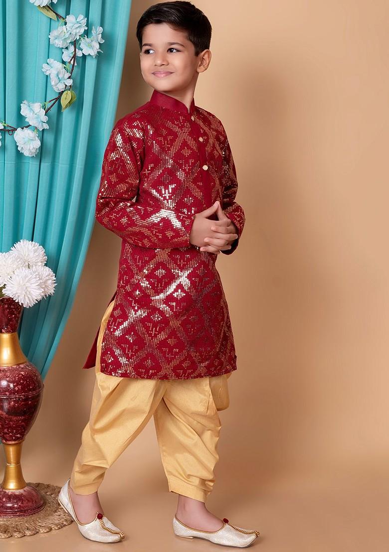 Maroon Embroidered Silk Kurta Set For Boys - Indya
