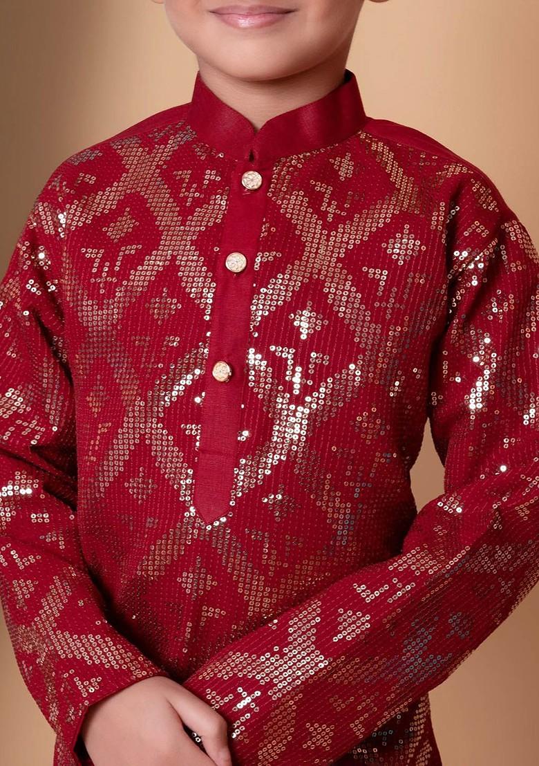 Maroon Embroidered Silk Kurta Set For Boys - Indya
