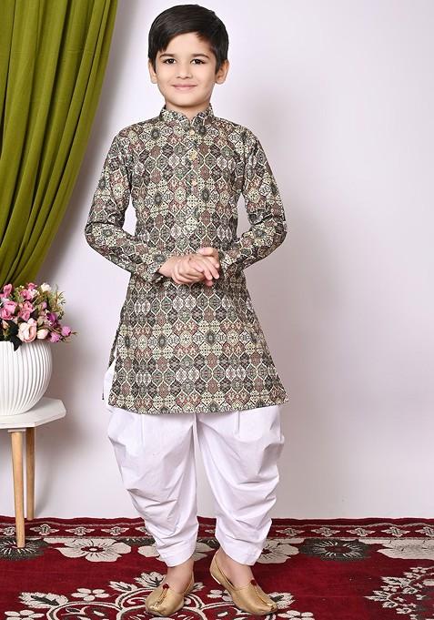 Green Printed Blended Kurta Set For Boys — view on Indya