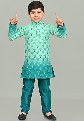 Sea Green Printed Blended Kurta Set For Boys