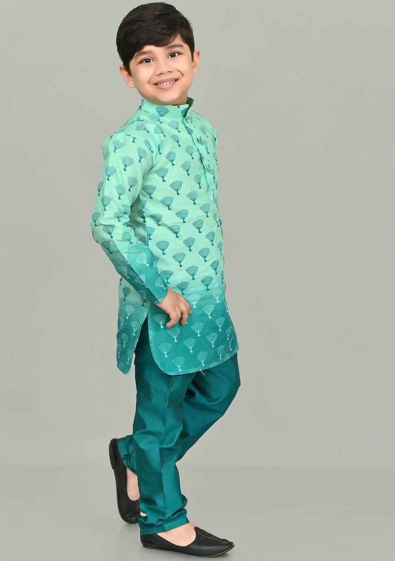 Sea Green Printed Blended Kurta Set For Boys - Indya