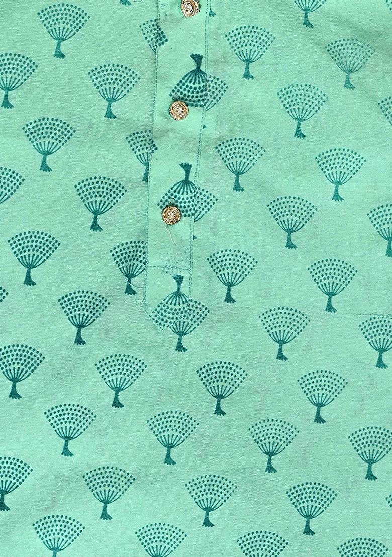 Sea Green Printed Blended Kurta Set For Boys - Indya