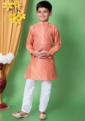 Peach Embroidered Blended Kurta Set For Boys
