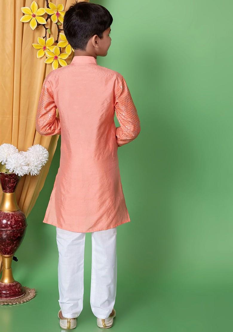 Peach Embroidered Blended Kurta Set For Boys - Indya